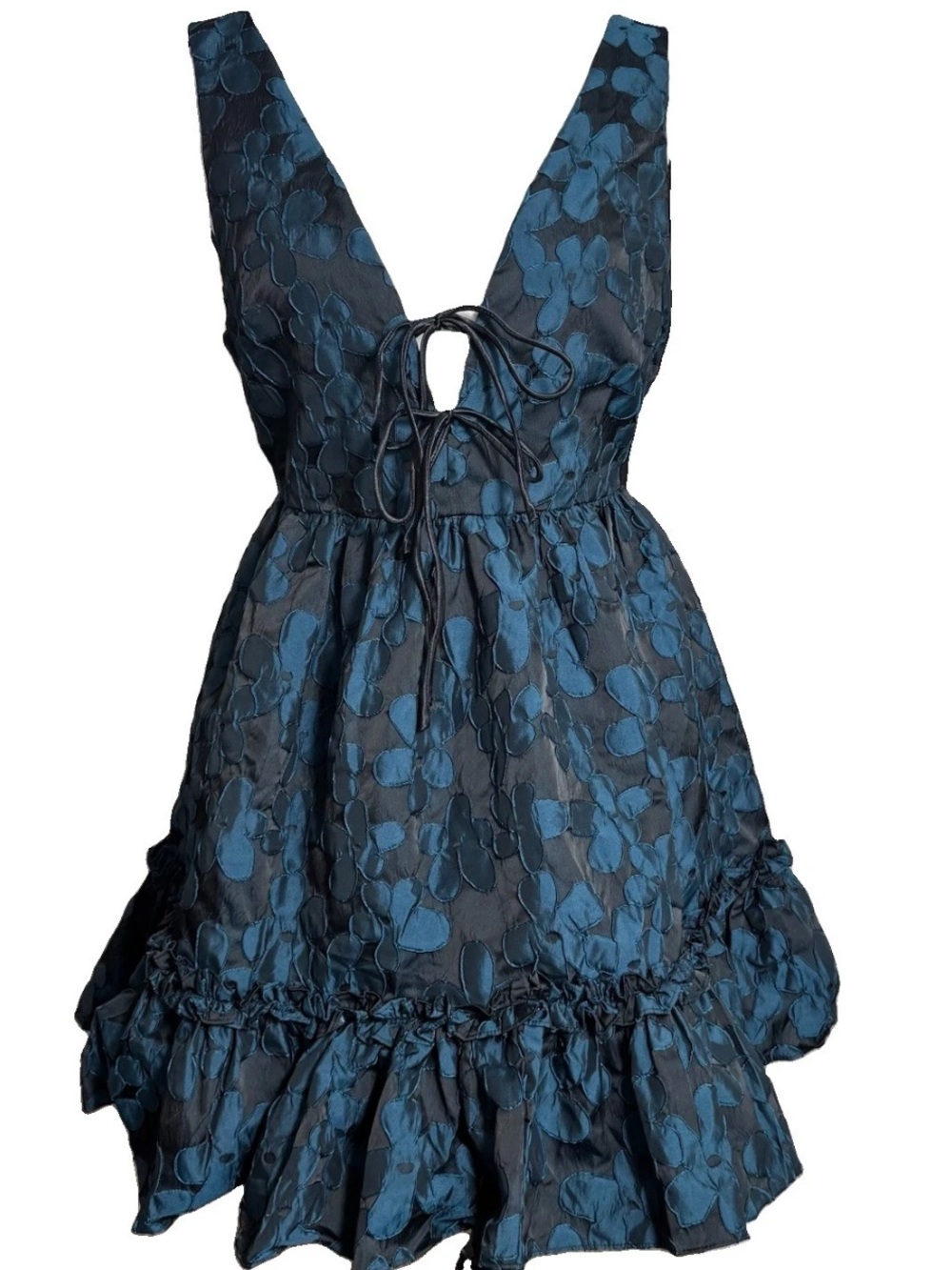 MUSTARD SEED FIT FLARE BABY DOLL MINI DRESS SMALL BLACK BLUE FLORAL POCKETS NEW - Picture 2 of 10